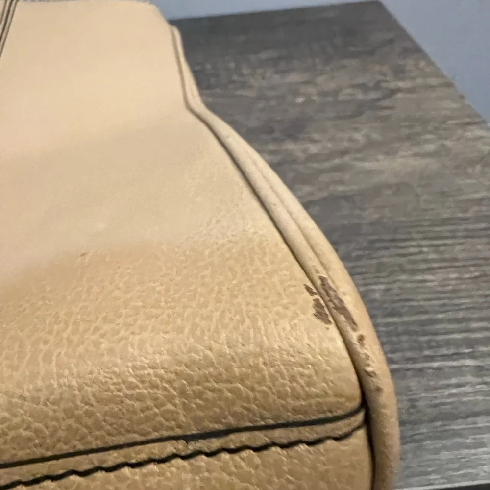 Tan leather tote with acrylic handles by Christine deGennaro